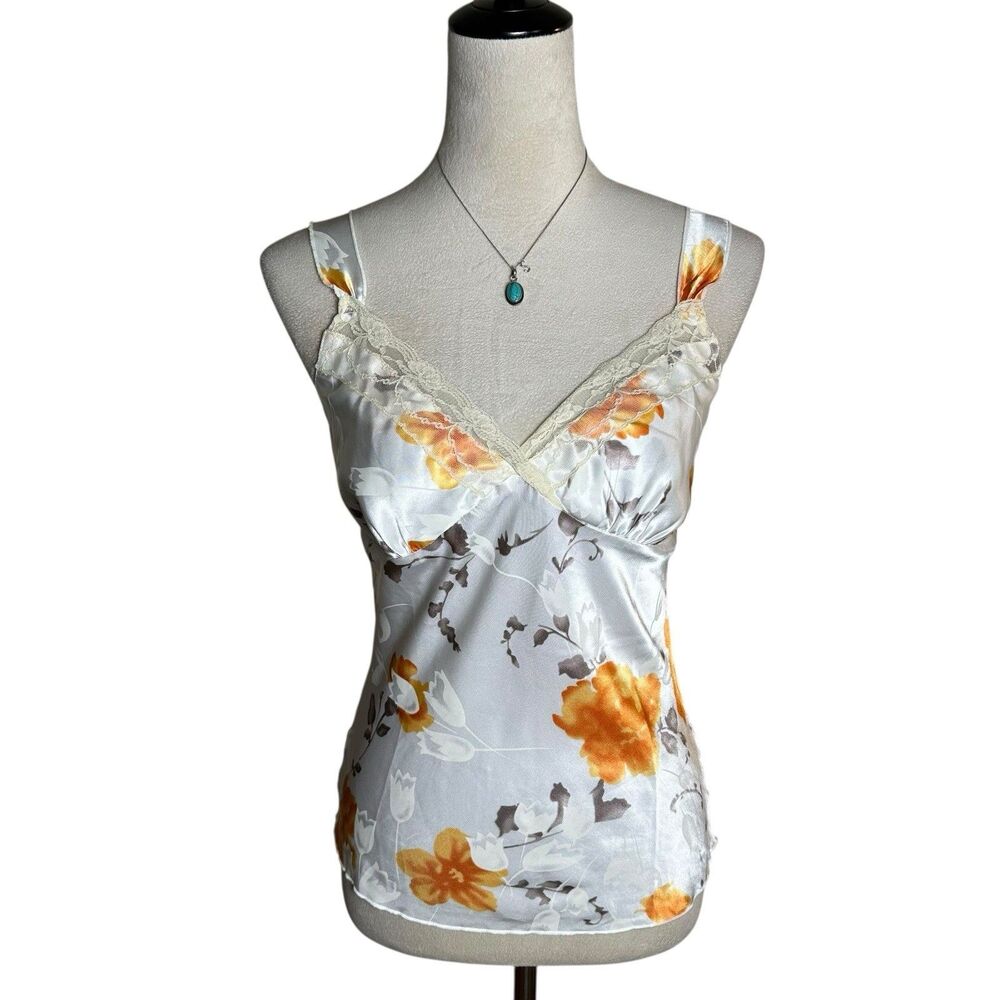 Floral Satin Lace-Trim Tank Top - White & Orange